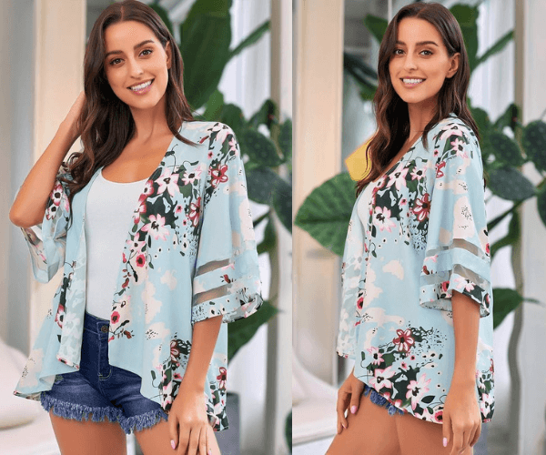 Sky Blue 3/4 Bell Mesh Panel Sleeves Open-Front Floral Kimono | Lookbook Store